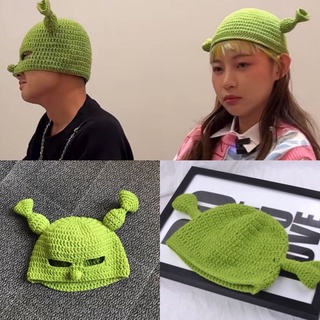 หมวก🗯️🗯️Ruffian Monster Shrek ถักหมวกสีเขียวการ์ตูนตลก Dime ทรายประติมากรรมของขวัญ Creative Handmade หมวกหมวก [โพสต์เ