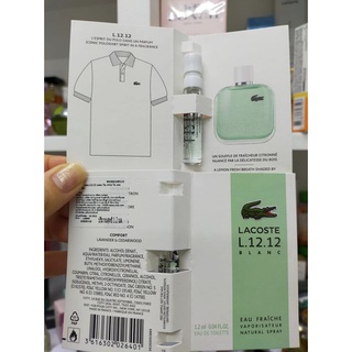 1.2ml ฉลากไทย น้ำหอม Lacoste L.12.12 Blanc Eau Fraîche Eau de Toilette เขียวอ่อน เปล่งประกาย สำหรับผู้ชาย สดชื่น 1.2ml.