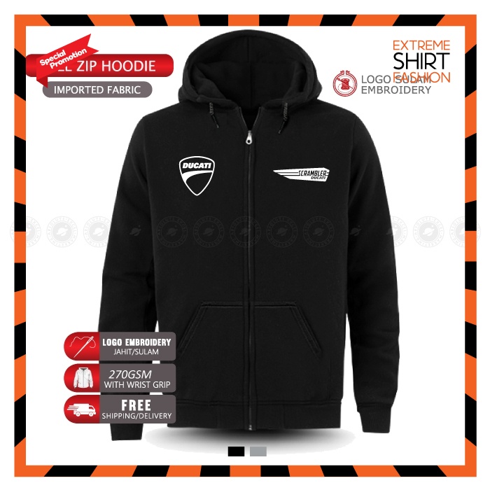 เสื้อยืด ผ้าฝ้าย มีฮู้ด แต่งซิป พิมพ์ลายโลโก้ Ducati Scrambler 1100 SPORT PRO Motor bike MotoGP Baju Lelaki Sulam