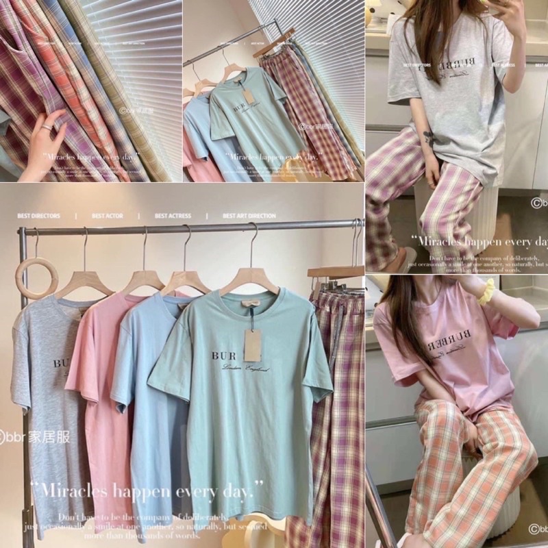 [โปรโมชั่นลูกค้าใหม่ 1 บาท] พร้อมส่ง ชุดเซ็ตเสื้อสีพื้น+กางเกงขายาวลายสก็อต น่ารัก สไตล์เกาหลี