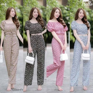 TW12344 Set 2 ชิ้น เสื้อปาดไหล่แขนพองลายดอก + กางเกงขาดอกขายาว