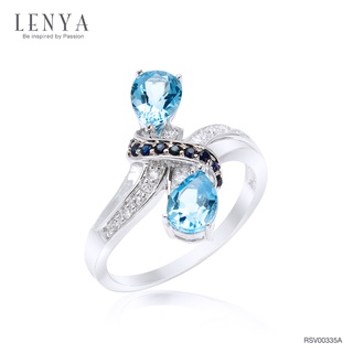 Lenya Jewelry แหวนบลูโทแพซ ดีไซน์เก๋ ประดับไพลิน และคิวบิคเซอร์โคเนีย ตัวเรือนเงินแท้ ชุบโรเดียม