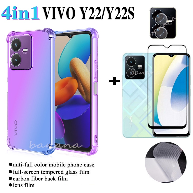 4in1 VIVO Y22 Y22S เคสโทรศัพท์สี + ฟิล์มด้านหลัง + ฟิล์มกระจกนิรภัย + ฟิล์มเลนส์สําหรับ Vivo Y35 Y02