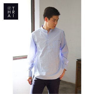 CHATRI [ชาตรี] - เสื้อเชิ้ตแขนยาวผ้าคอตตอนลายตรง สีฟ้าเส้นขาว ทรงโปโล-(Striped Long Sleeve Shirt-Blue with White Stripe)