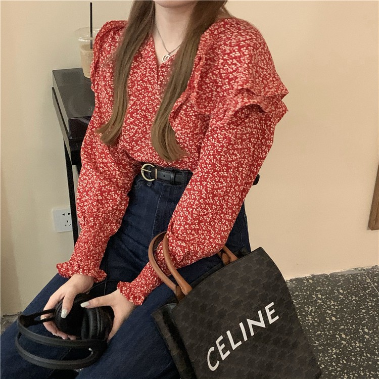พร้อมส่ง ???? red ruffle flora C1459 เสื้อแขนยาว เสื้อระบายลายดอก ...