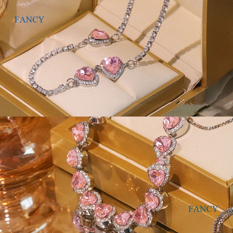 Fancy สร้อยคอเพทาย รูปหัวใจ สีชมพู แบบดึง เต็มรูปแบบ
