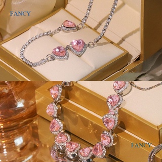 Fancy สร้อยคอเพทาย รูปหัวใจ สีชมพู แบบดึง เต็มรูปแบบ