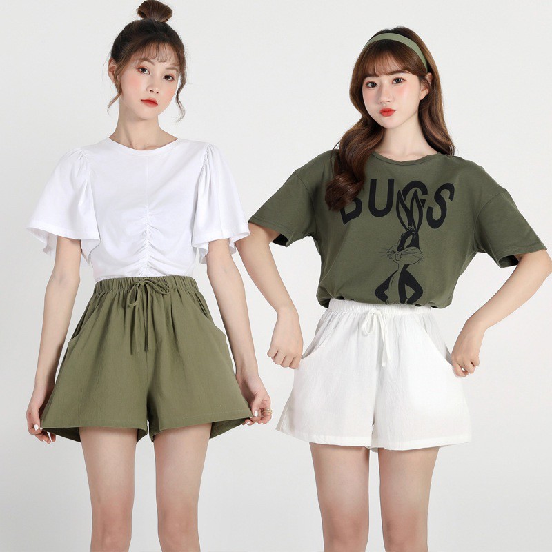 Janylucy 🐰 กางเกงขาสั้นผ้าฝ้าย กางเกงวินเทจ S-XL เอวยางยืด มีเชือกรัด 🌈