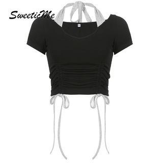 Sweeticme ใหม่ เสื้อยืด คอจับจีบ แต่งลูกไม้ สีพื้น เซ็กซี่ แฟชั่นสําหรับผู้หญิง 2022