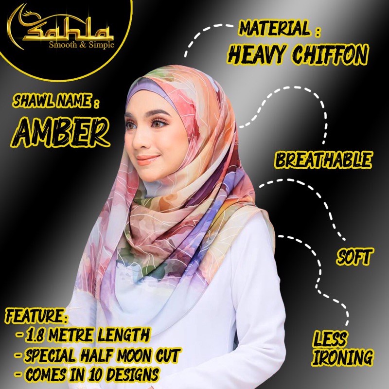 Amber by Sahla Empire(HQ) ผ้าคลุมไหล่ชีฟองหนัก + ผ้าคลุมไหล่ + ผ้าคลุมไหล่พิมพ์ลาย + ผ้าคลุมไหล่ Cor
