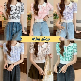 Mini shop🌸พร้อมส่ง🌸 (6A61) เสื้อไหมพรมแขนสั้น คอปก ดีเทลลายหัวใจทั้งตัวสีพาสเทล