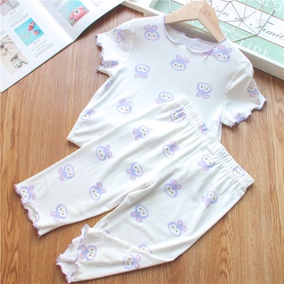 Ice Silk fabric cartoon bunny home wear medium and small children womens clothing leisure and comfortable air conditioning suit two-piece suit