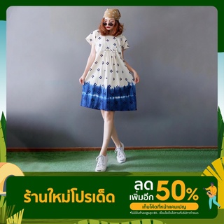มินิเดรสผ้าฝ้าย แฟชั่นพื้นเมือง ฟรีไซส์ ลายขาว น้ำเงิน