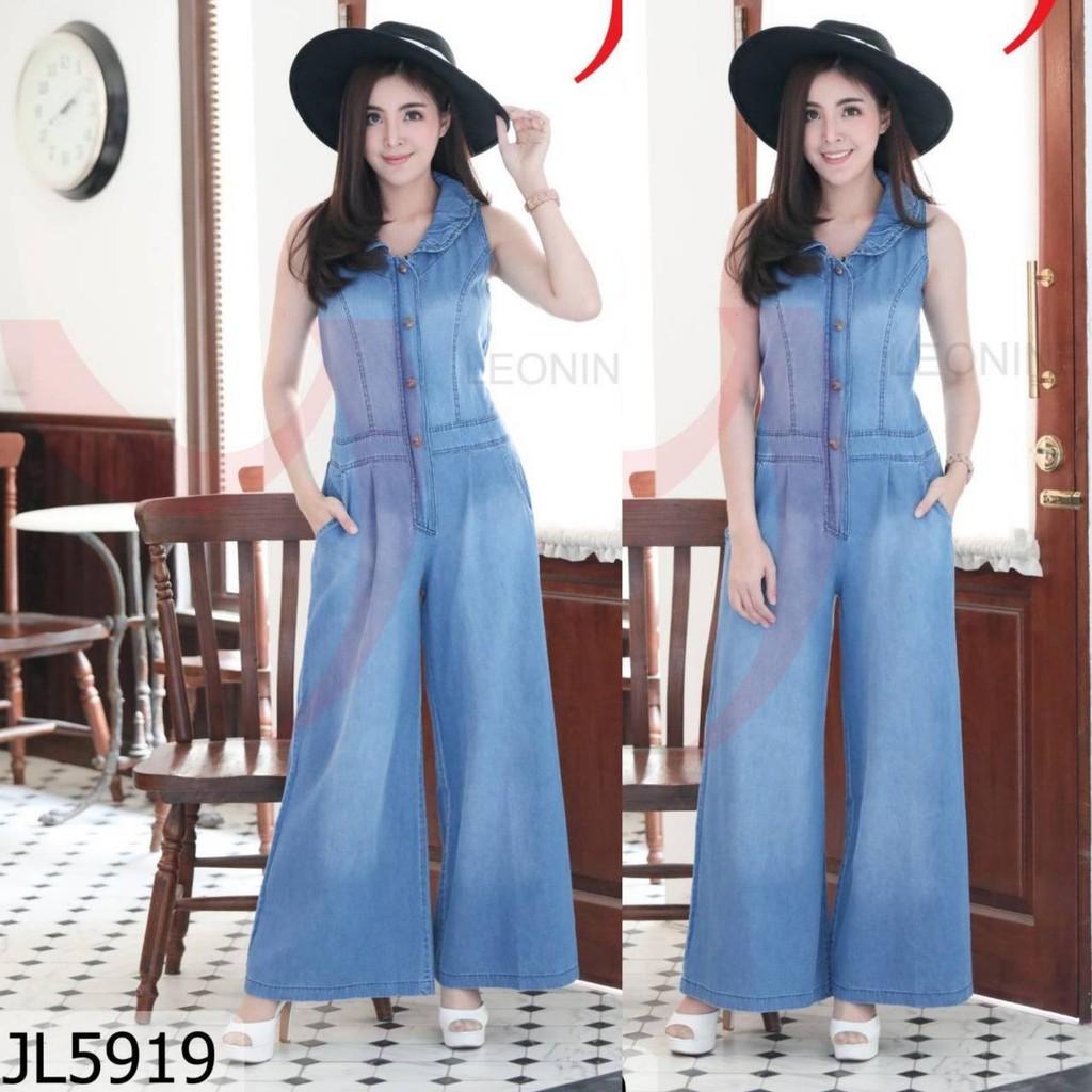 จั้มสูทยีนส์ขายาว  คอบัว ยีนส์แท้เนื้อนิ่ม รหัส JL5919