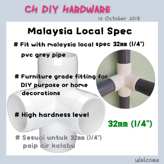 32mm (1-1/4") 4WAY SPEC PVC PIPE FITTING, PIPE JOINT FITTING ELBOW CONNECTOR DIY ART (PVC 4 WAY) PVC