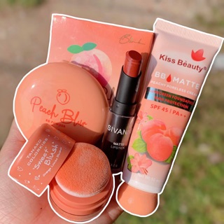 เซตแต่งหน้า Peach Mini Set 4 ชิ้น แป้งพีช ลิปสติก​ บีบีพีช บ​ลัช​ออน​ แบ​รนด์แท้​ สีสวย กันน้ำ ติดทนนาน