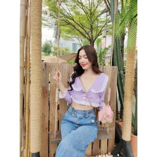 🌈 Pastel Crop🌈✨เชิ้ตครอปลายสก๊อต✨ตกแต่งลูกไม้เกาหลี✨มาพร้อมกระดุมมุกรูปหัวใจ✨