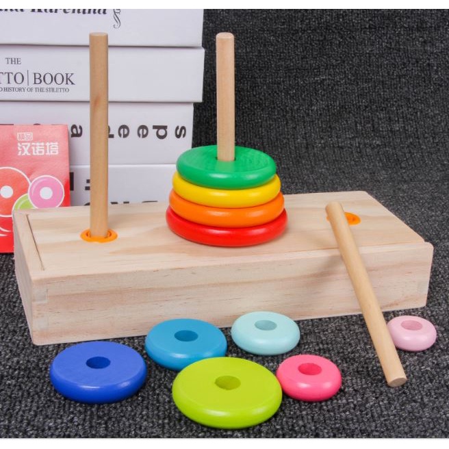 เกมหอคอยฮานอย ของเล่นไม้ หอคอยฮานอย พร้อมจาน 10 ชั้น ของเล่นเสริมทักษะ Tower of Hanoi - รูปที่ 2