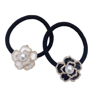 Korean version Small Fragrant wind Black White Pearl Camellia Hair Rope Pearl Flowers High Elasticity Hair Ring Sweet Pearl Hair Ring Fashion Hair Accessories