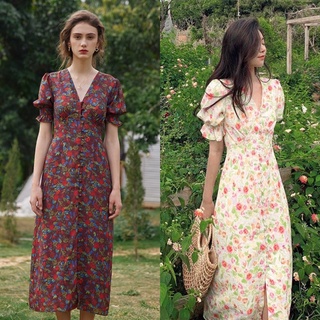 Maxidress เดรสแขนตุ๊กตา เดรสลายดอกไม้ เดรสคอวีลายดอกไม้ เดรสผ่ากลาง งานป้าย เดรสลายดอกไม้ เดรสกระโปรง