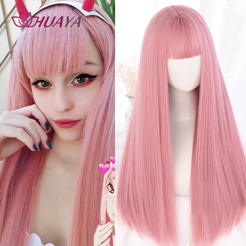 Huaya Synthetic Long Straight Pink Wig With Bangs Heat Resistant Hair