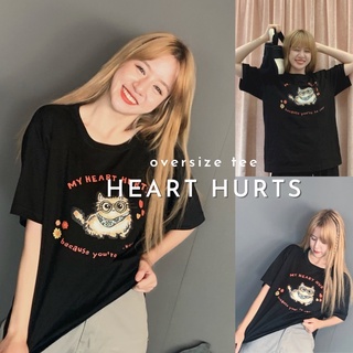 (ส่งฟรี)เสื้อลายแมว Oversize Heart hurts (black)