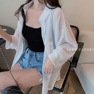 CF018 TARA Shirt Chiffon เสื้อเชิ้ต เสื้อคลุมแขนยาว กระเป๋าคู่ ทรงโอเวอร์ไซร์ แขนยาว เนื้อผ้าชีฟองเนื้อทรายอย่างดี