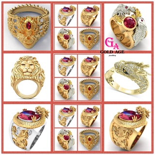 Ga Jewellery แหวนแฟชั่น ชุบทอง 18K แกะสลัก รูปมังกร สิงโตทับทิม 3D สไตล์เกาหลี