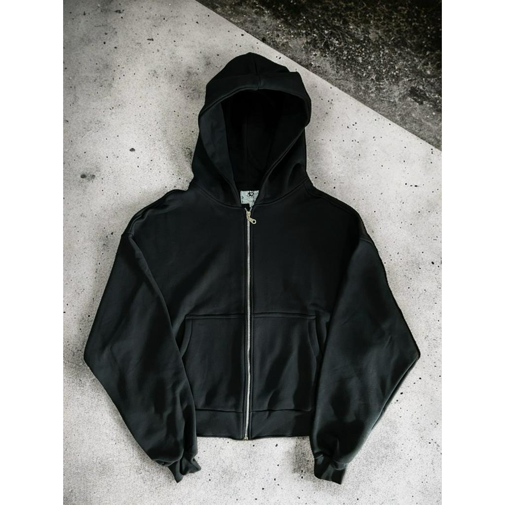 Perryfoye - Boxy Zipper Hoodie ขนาดใหญ่ สีดํา