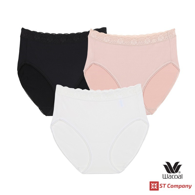 Wacoal Panty กางเกงใน ทรง Bikini ขอบลูกไม้ สีดำ-เบจ-ครีม 2 (3 ตัว) กางเกงในผู้หญิง วาโก้ ครึ่งตัว ผู