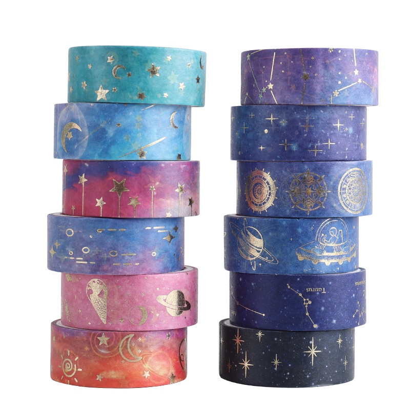 PenLab 12pcs Starry Night Washi เทปชุด 15 มม.* 2 M Galaxy Constellation Moon Star สติกเกอร์กาวตกแต่ง C6033