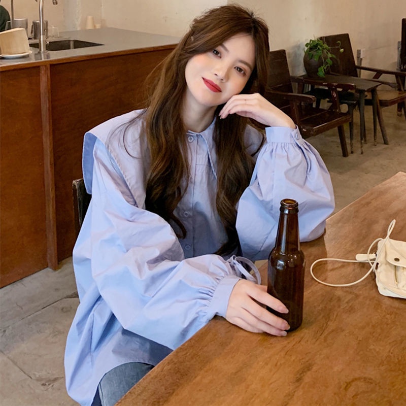 เสื้อเชิ๊ตแฟชั่นผู้หญิง oversize โอเวอร์ไซส์ เสื้อสาวอวบ size ใหญ่ สีฟ้า สีขาว กับสีดำ เสื้อเชิ้ตคอปกตุ๊กตา น่ารักๆสวยๆ  เสื้อเชิ้ตสไตล์เกาหลี แขนยาว
