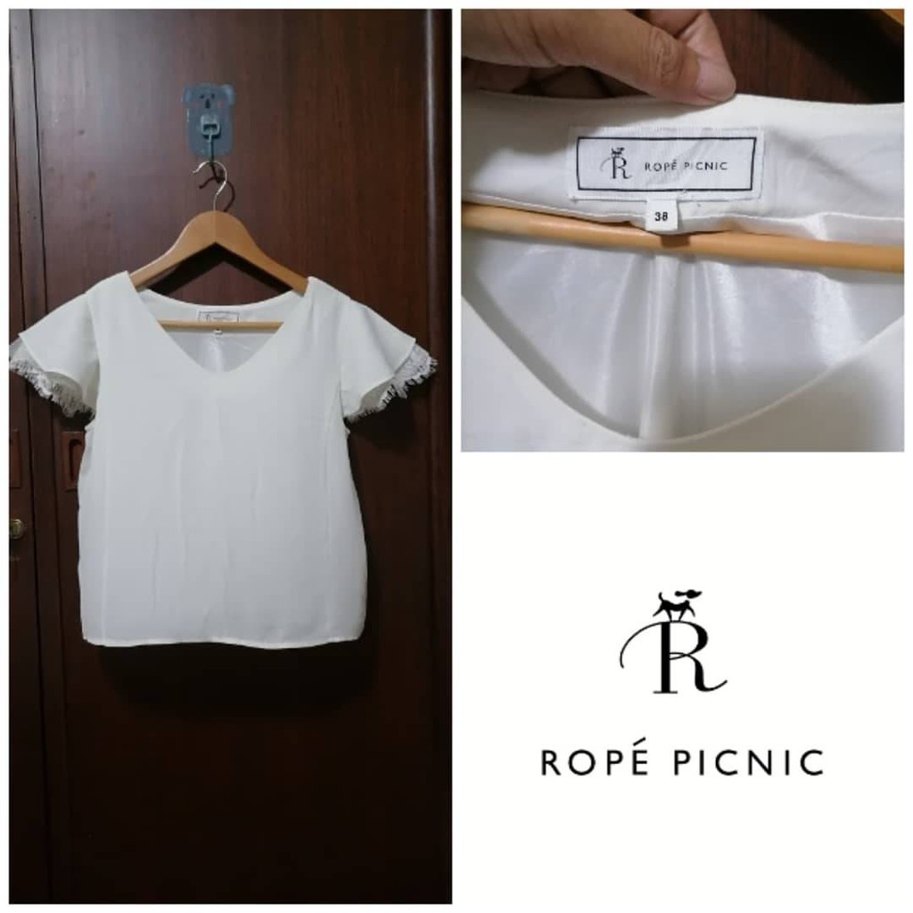 ROPE' PICNIC เสื้อแบรนด์ญี่ปุ่น ผ้าชีฟอง สีขาว คร็อปท็อป แขนระบาย 3 ชั้น
