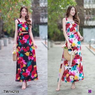 14259 Set เสื้อสายเดี่ยว + กระโปรงผ่าข้าง ลายมัดย้อม Set, one-shoulder top + side slit skirt, tie-dye pattern