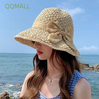 Qqmall หมวกบักเก็ตลําลอง ป้องกันรังสียูวี ประดับโบว์ สไตล์เกาหลี สําหรับผู้หญิง