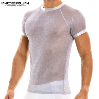 INCERUN Men Summer Shinny Mesh Transparent Short Sleeve Round Neck Soft Top