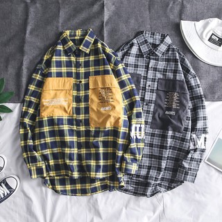 แฟชั่น บุคลิกภาพ แขนยาวเสื้อเชิ้ตลายสก็อต ผู้ชาย กระเป๋าเสื้อ