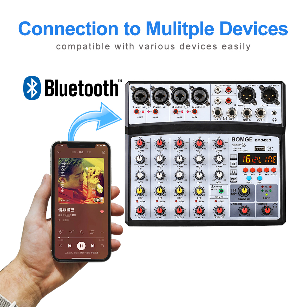 BOMGE 6 channel dj audio mixer with MP3 USB Bluetooth,48V phantom power