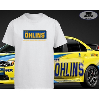 เสื้อยืดผ้าฝ้ายพิมพ์ลายขายดี สตรีทแฟชั่น เสื้อยืด Racing Sport [สีขาว / สีเทา] [OHLINS]คอกลม