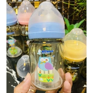 ขวดนมสีชาแพ็ค2ใบคอกว้างAttoon มาพร้อมจุกนมที่ควบคุมการไหลด้วยปริมาณรูลดโอกาสสำลักน้ำนม