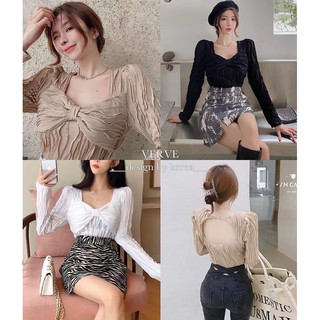 เสื้อแขนยาวคอกว้างอกโบว์หลังเว้าติดกระดุมมุก[1715]