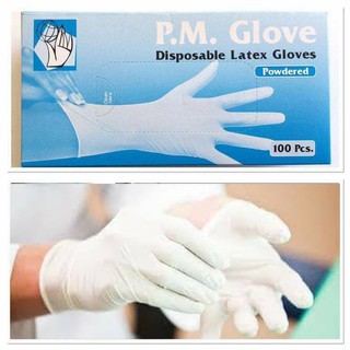 P.M. Glove powdered  100pcs size XS,S,M,L  ถุงมือยางมีแป้ง พี.เอ็ม. โกล์ฟ