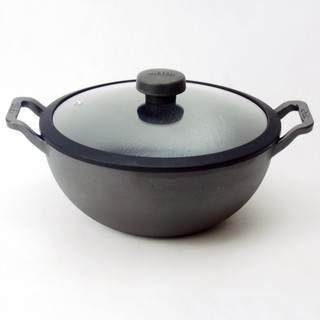 MEYER CAST IRON กระทะทรงจีนเหล็กหล่อ 2 หู พร้อมฝาแก้ว ขนาด 24 CM. CAST IRON DEEP KADAI (48188-C)