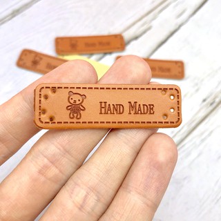 Brown "Hand Made" PU Labels for Handmade Items Bear Doll Motif Synthetic PU Leather Tags 50x15mm