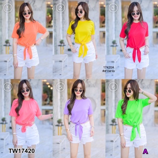 TwinsShopVip💗พร้อมส่ง TW17420 เสื้อ #สาวอวบ คอกลม ผูกเอว