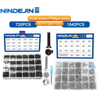 Nindejin Countersunk ชุดสกรูสเตนเลส หัวแบน ขนาดเล็ก 720 ชิ้น และสกรูแล็ปท็อป M1.4 M1.7 M2 M2.5 M3 1542 ชิ้น