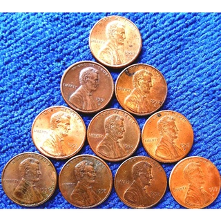 เหรียญ​สหรัฐอเมริกา​ USA, 1​Cent​ Lincoln, เรียงปี1990-1999รวม 10 เหรียญ​ 50 บาท, #​646, ใช้แล้ว