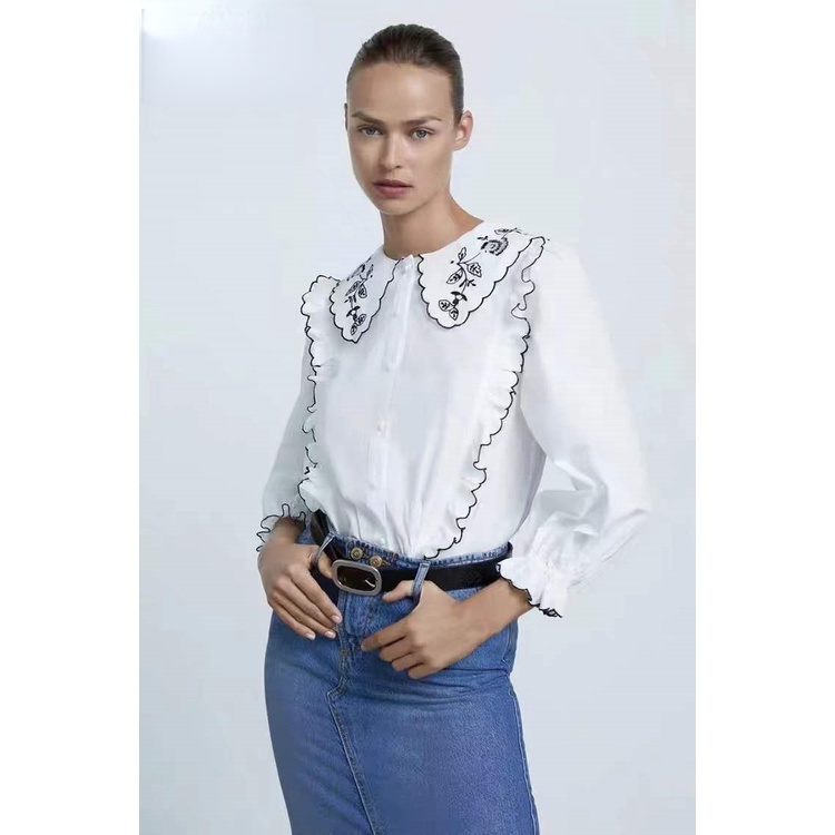 Zara เสื้อเชิ้ตคอตุ๊กตา Poplin ปักผู้หญิงฤดูใบไม้ร่วงใหม่