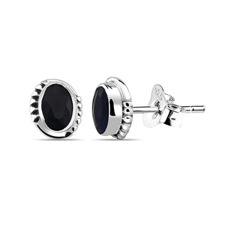 Silver thai 925 Silver Dark Blue Sapphire Round Stud Earringต่างหูสตั๊ดกลมเงินแท้ 925 สีน้ำเงินเข้ม