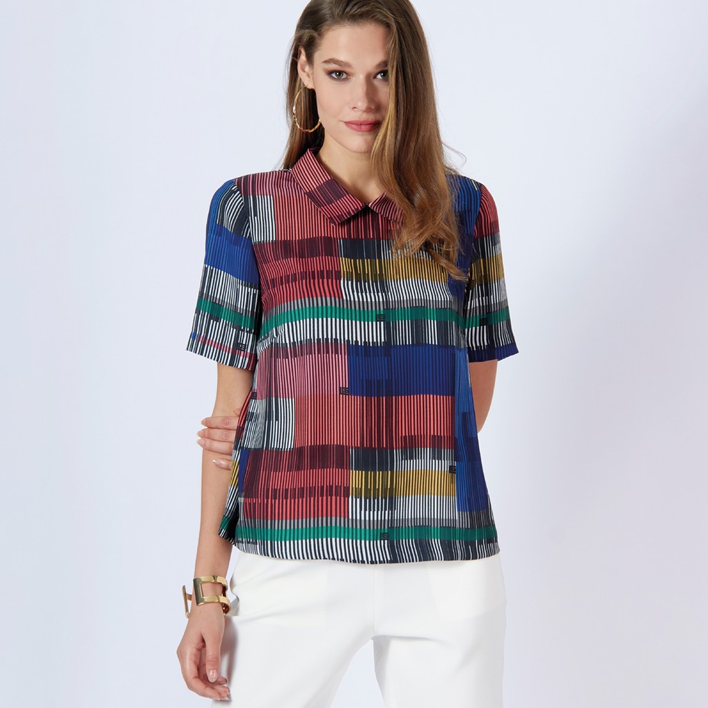 Guy Laroche Stripe Building Blouse เบลาส์กีลาโรช มีปกแขนสั้นใส่ทำงาน พิมพ์ลายใส่แล้วผอม (GS49NV)